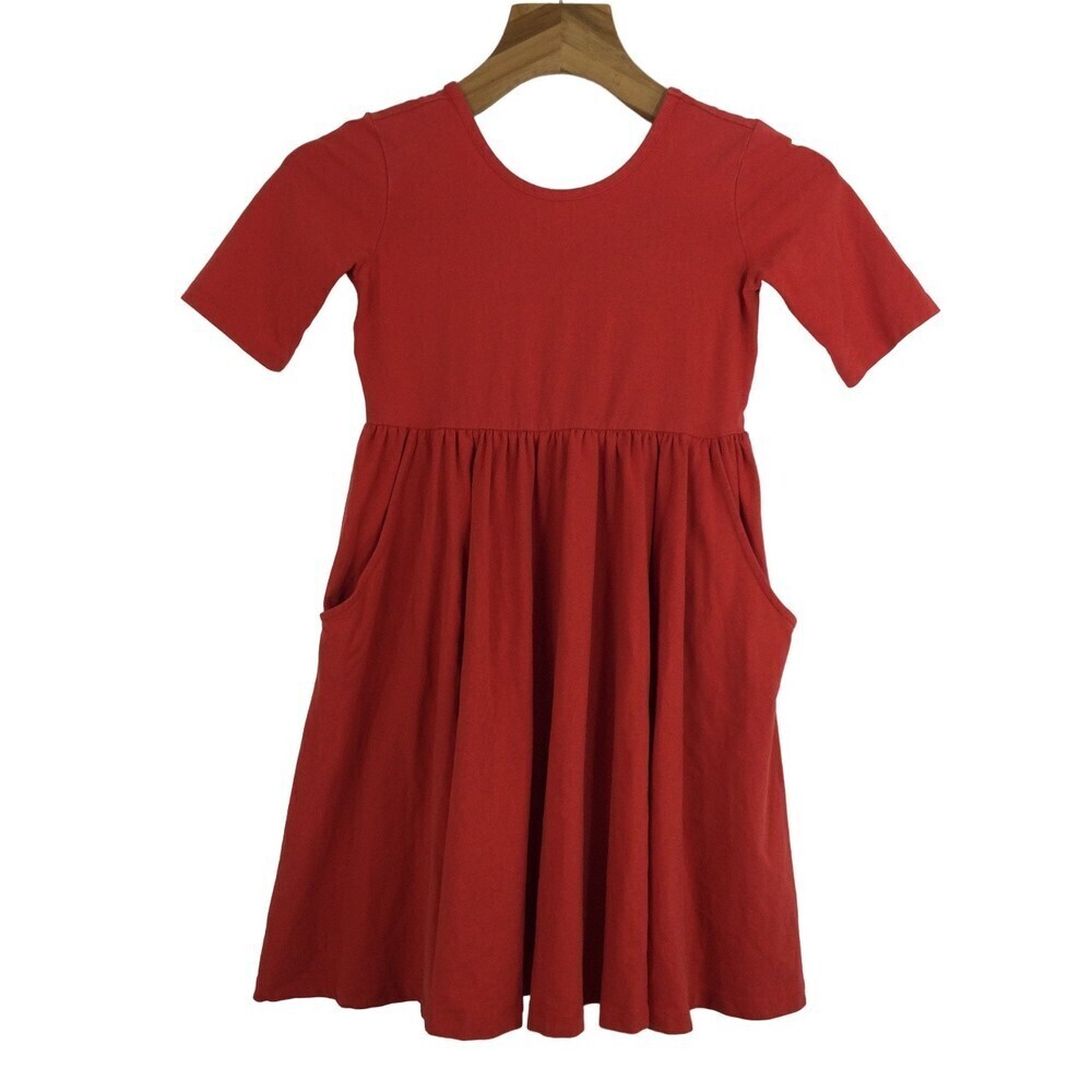Hanna Andersson Girls Cotton Blend Short Sleeve Dress with Pockets Red 140 Sz M